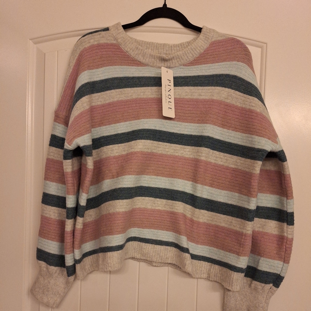 Pinique sweater size XL mauve, blue, gray striped, NEW WITH TAGS